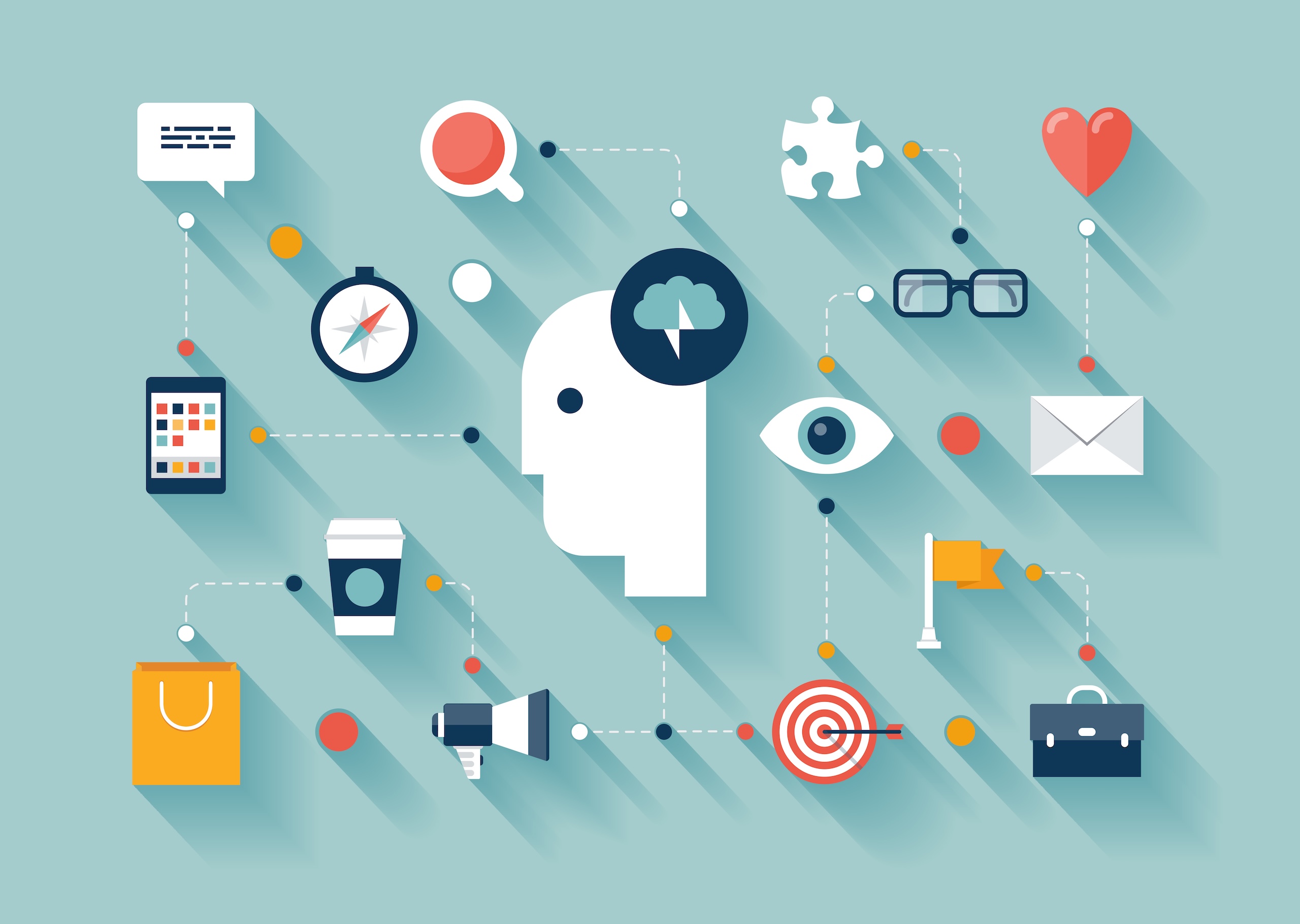 Flat design style modern vector illustration concept with icons set of creative thinking, business strategy process, brainstorming marketing ideas, daily thoughts and lifestyle routine.